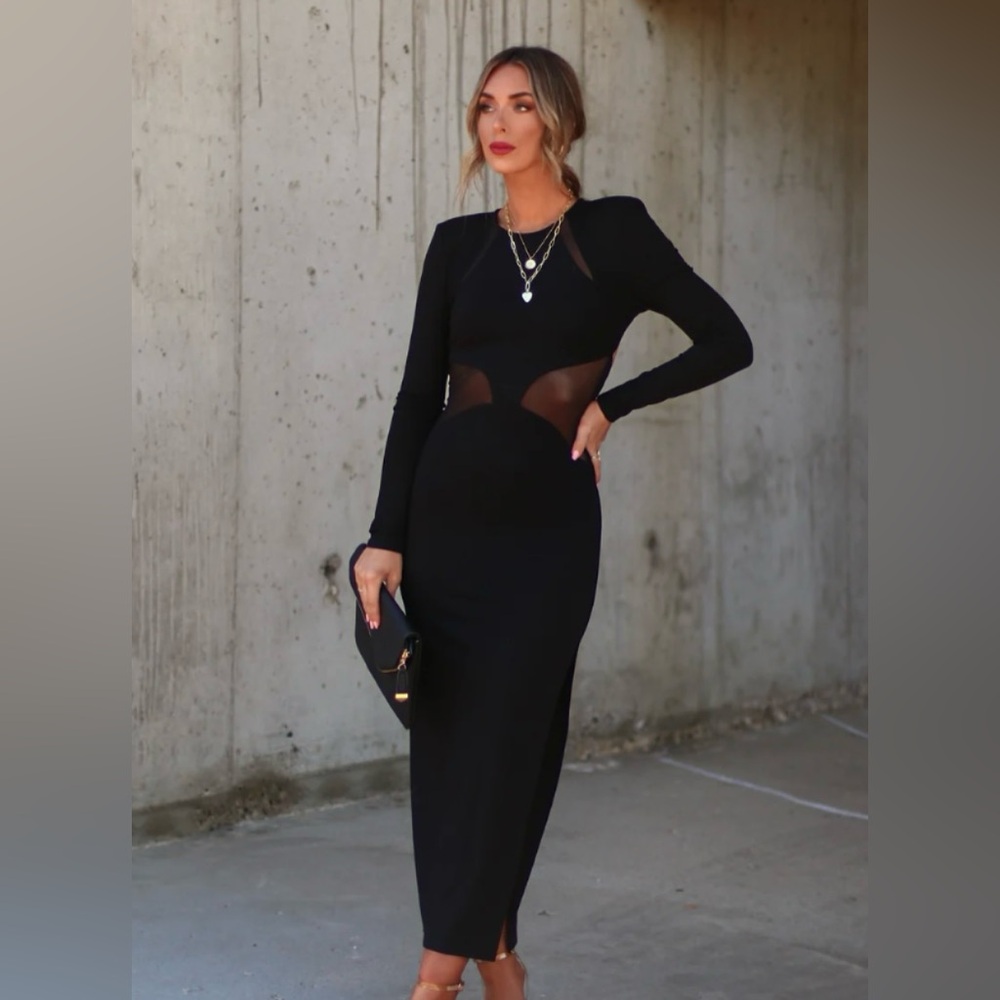 VICI Melania Padded Shoulder Bodycon Mesh Cutout Dress - Black